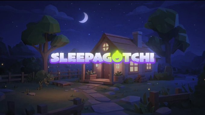 The image shows a cozy, low-poly style nighttime scene featuring a small illuminated cabin surrounded by trees, a wooden fence, and a starry sky with a crescent moon, with the text "SLEEPAGOTCHI" prominently displayed in the center. The whimsical, calming aesthetic reinforces the app's focus on building consistent sleep habits, visually reflecting how small nightly routines can create a peaceful, rewarding "home" over time.
