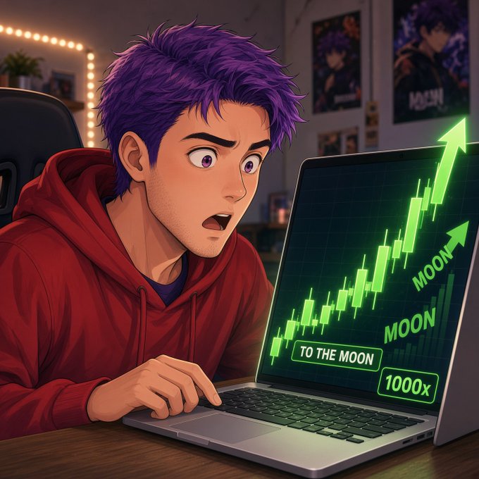A young man with purple hair looks shocked while staring at a laptop displaying a green candlestick chart trending upward with text reading "TO THE MOON," "MOON," and "1000x," perfectly capturing the euphoric meme coin rally described in the post.