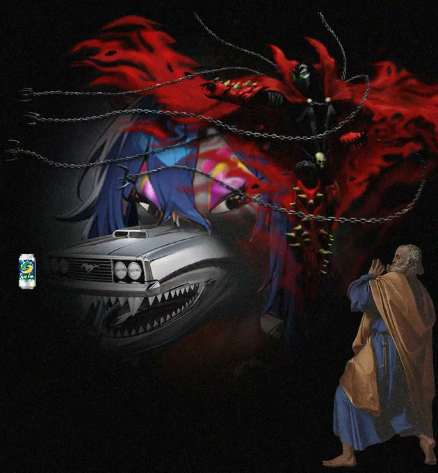 A dark, chaotic digital artwork featuring a menacing red and black figure with chains and sharp teeth, a car with a shark-tooth grill, a small 'S' labeled drink can, and a robed figure on the right.