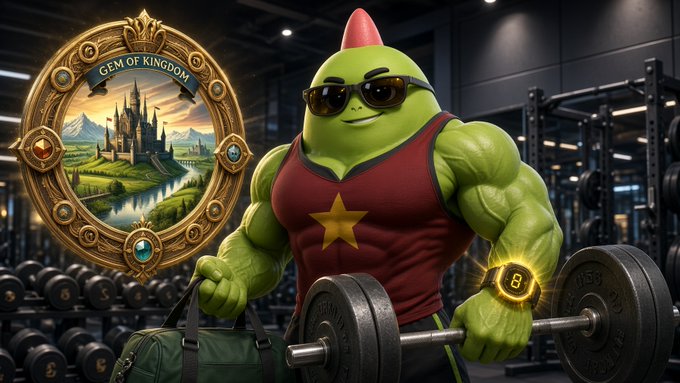 An AI-generated illustration depicts a muscular green goblin-like figure wearing sunglasses and a star shirt, lifting heavy dumbbells in a gym, with a 'GEM OF KINGDOM' medallion on the left.