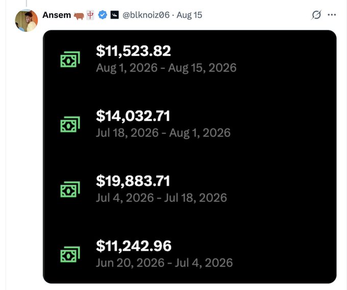 A screenshot of a tweet from user @blknoiz06 (Ansem) displays a CashApp payment history showing four recent transactions, with amounts like $11,523.82, $14,032.71, $19,883.71, and $11,242.96 across various dates in 2026.