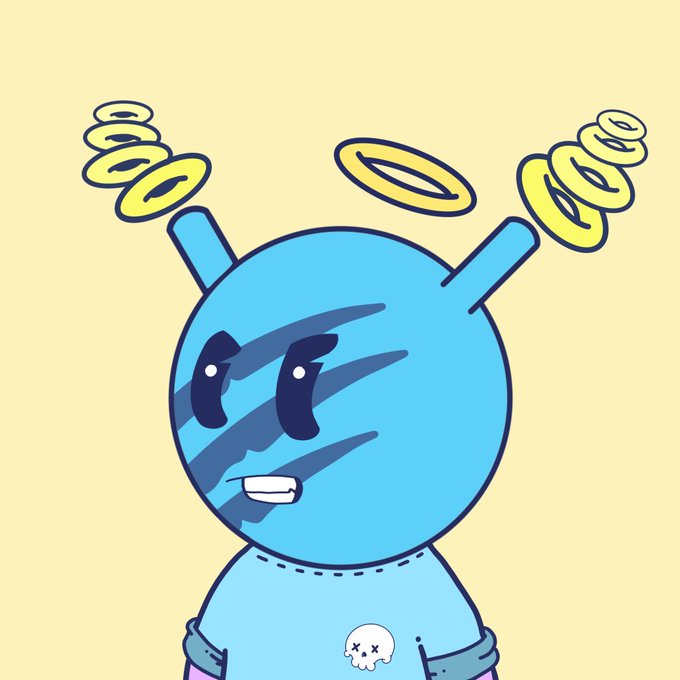 A cartoon illustration of a blue alien-like character with large eyes and yellow antennae, wearing a blue shirt with a small skull emblem, against a pale yellow background.