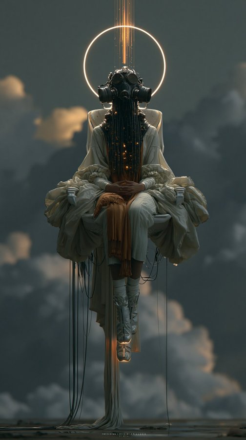 A surreal digital art piece showing a figure in flowing white robes seated in an elevated position, wearing a dark ornate mask/headdress with glowing orange lights cascading down, set against a cloudy sky with a glowing halo ring above.