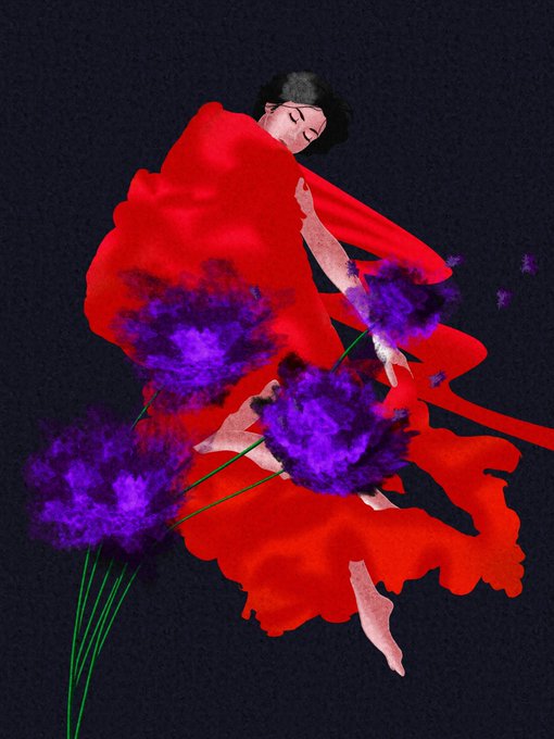 A digital illustration of a woman in a flowing red dress dancing gracefully with a bouquet of purple flowers against a dark background.
