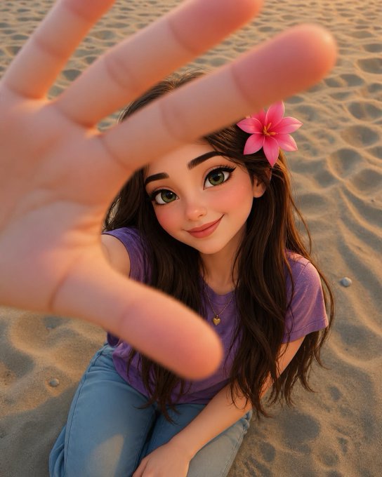This image shows a cartoon-style animation of a young woman at the beach, extending her hand towards the viewer as if taking a selfie, which relates to the prompt's encouragement to actively build new skills like those in Web3.