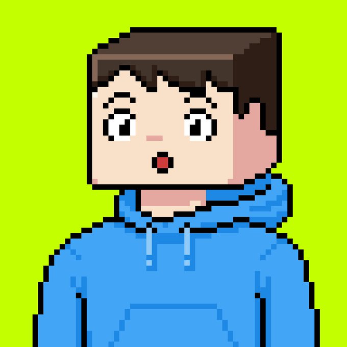 A pixel art character with brown hair wearing a blue hoodie appears surprised with wide eyes and an open mouth against a green background. The image likely conveys excitement or shock about the successful end of the minting poll, as the community selected Option B and the launch details are being announced.