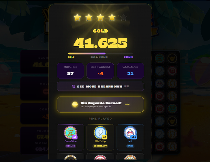 A mobile game results screen displaying a Gold rank score of 41,625 with stats for Matches (57), Best Combo (x4), and Cascades (21).