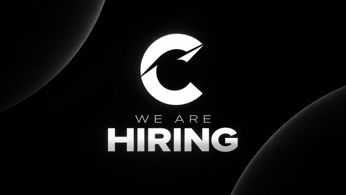 A minimalist black and white graphic displaying a stylized 'C' logo above the text 'WE ARE HIRING'.