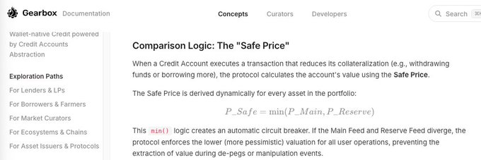 A documentation page from Gearbox explaining 'Comparison Logic: The Safe Price' with the formula P_Safe = min(P_Main, P_Reserve).