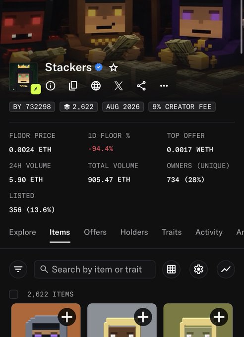 A screenshot of the 'Stackers' NFT collection page showing floor price of 0.0024 ETH, 24h volume of 5.90 ETH, and 734 unique owners.