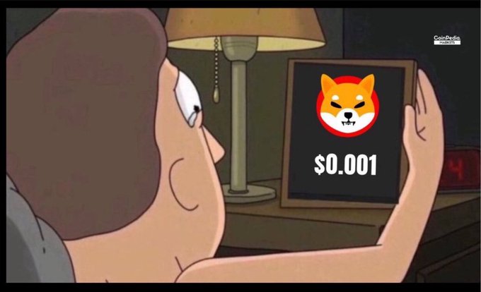 An animated cartoon character looks at a framed picture showing a Shiba Inu dog logo and the text "$0.001".