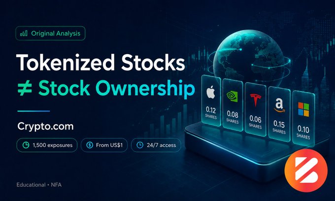 Promotional graphic for Crypto.com titled 'Tokenized Stocks ≠ Stock Ownership', showing share counts for Apple, Nvidia, Tesla, Amazon, and Microsoft.