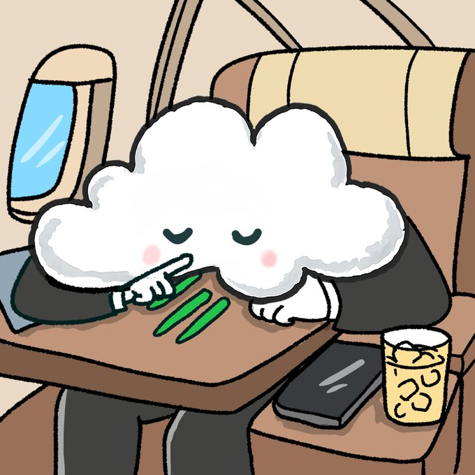The image features a cartoon character sitting at an airplane seat with a cup of coffee next to them. The character appears to be sleeping or taking a nap, as indicated by the fact that they are holding a green object (possibly a toothbrush) in their hand and have a cup of coffee nearby. The post also mentions the Air token and Solana currency, which is related to the airplane theme.