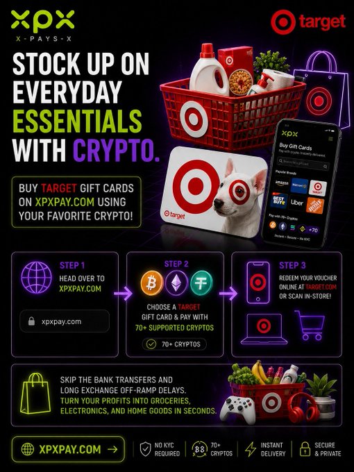 A promotional graphic for XPX Pay featuring a partnership with Target, showing steps to buy Target gift cards with 70+ cryptocurrencies, with the URL 'xpxpay.com'.