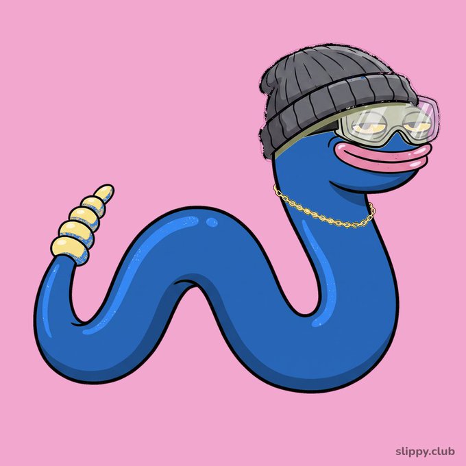 A digital illustration of a blue cartoon snake wearing a grey beanie, ski goggles, a gold chain, and featuring yellow segmented underbelly scales, set against a pink background with a 'slippy.club' watermark.