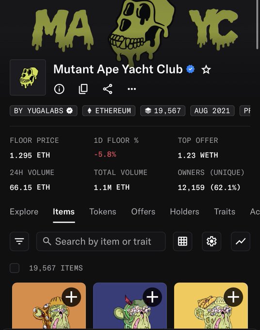 The image shows a list of things for sale related to the Mutant Ape Yacht Club, including items such as coins and artworks featuring anthropomorphic characters from the club. The focus of this particular post appears to be around 30 Maycks (or some variation) that have been listed in the marketplace, along with floor prices and descriptions. One person, who has already paid for several items on the list, is eager to take advantage of the offers as soon as possible.