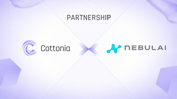 A promotional graphic announcing a partnership between Cottonia and Nebulai, featuring both companies' logos separated by a stylized "X" on a light purple background with the word "PARTNERSHIP" displayed at the top. The image visually reinforces the social media announcement of the collaboration between @CottoniaAI and @NebulaiHQ to explore flexible, scalable AI compute infrastructure.