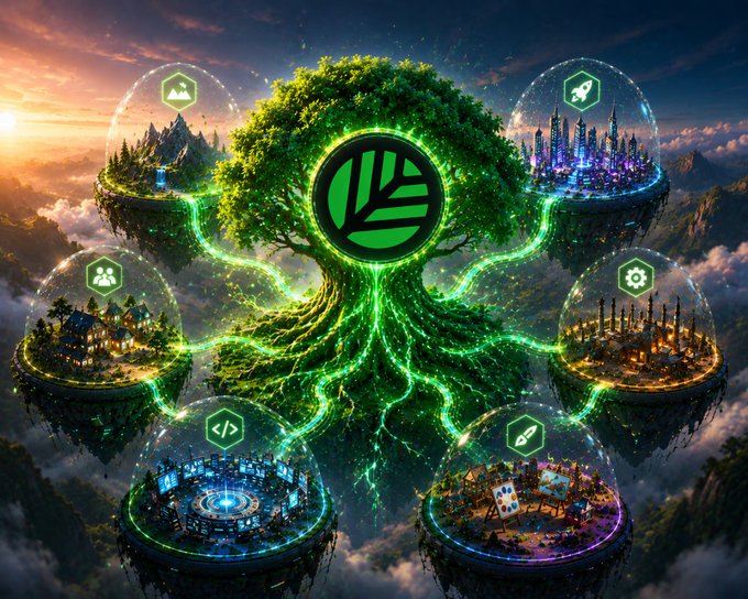 A fantasy digital artwork featuring a glowing green tree with a leaf logo at its center, surrounded by floating islands representing different tech domains (nature, city, industry, gaming, and coding) connected by luminous green energy streams.