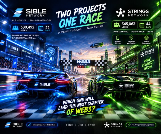 A racing-themed promotional graphic titled 'TWO PROJECTS ONE RACE' pits 'SIBLE NETWORK' (blue car, AI focus) against 'STRINGS NETWORK' (green car, mobile mining focus), asking 'WHICH ONE WILL LEAD THE NEXT CHAPTER OF WEB3?'.