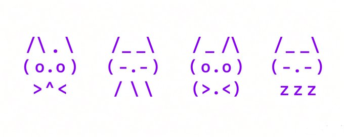 Four purple ASCII art kaomoji faces with different expressions: happy cat (^.^), sleepy (-.-), and sleeping (zzz).