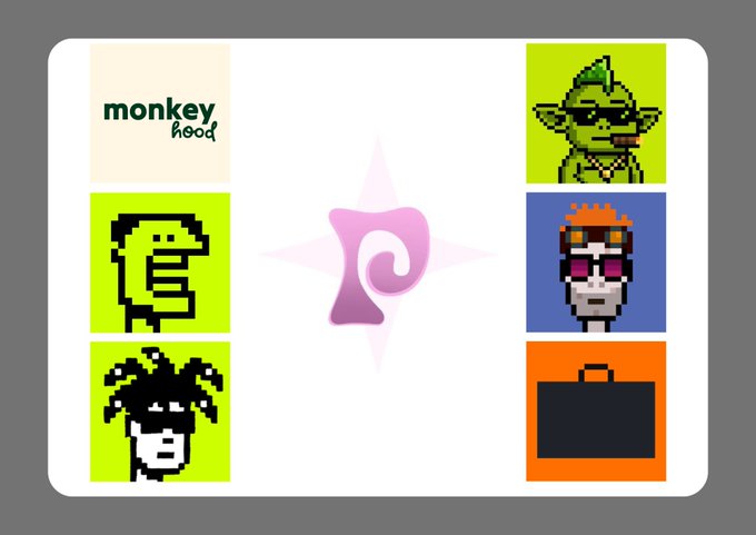 A graphic displays the word 'monkeyhood' alongside pixel art icons including a green goblin, snake, punk character, and others, with a purple star logo in the center.