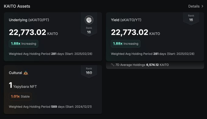 A KAITO Assets dashboard showing holdings: Underlying (sKAITO/PT) at 22,773.02 KAITO with Rank 16, Yield (sKAITO/YT) at 22,773.02 KAITO with Rank 16, and Cultural assets including 1 Yapybara NFT with Rank 160.