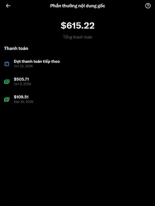 A dark-themed mobile app screen in Vietnamese titled "Phần thưởng nội dung gốc" showing a total payment of $615.22, with payment history listing $505.71 on Oct 9, 2026 and $109.51 on Sep 25, 2026, plus a scheduled payment on Oct 23, 2026.