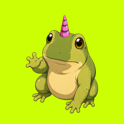 A cartoon illustration of a smiling green frog with a small pink unicorn horn on its head, waving, set against a bright green background.