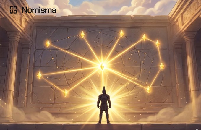 A fantasy scene showing a lone warrior standing before a glowing constellation map carved into a stone temple wall, branded 'Nomisma' in the top left.