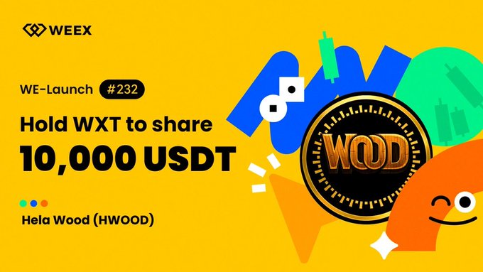 A WEEX WE-Launch #232 promotional graphic featuring a gold "WOOD" coin against a bright yellow background with playful abstract shapes, advertising that holders of WXT can share in 10,000 USDT airdrops for the Hela Wood ($HWOOD) token. The image aligns with the accompanying post announcing the airdrop event running from June 26-29, 2026, with links to register and trade on WEEX.