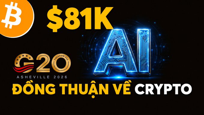 The image is a promotional graphic featuring a Bitcoin logo, "$81K" price text, the G20 Asheville logo, and glowing blue "AI" letters, with Vietnamese text reading "ĐỒNG THUAN VỀ CRYPTO." It relates to the post by promoting discussion of BTC and crypto amid $81K price levels, linking to the host's YouTube and podcast about market reactions to geopolitical tensions and the Fed.