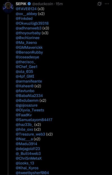 A screenshot of a tweet from user @educkcoin (SEPIK) listing multiple tagged accounts for an airdrop or giveaway, with several names marked with multipliers like (x3) and (x2).