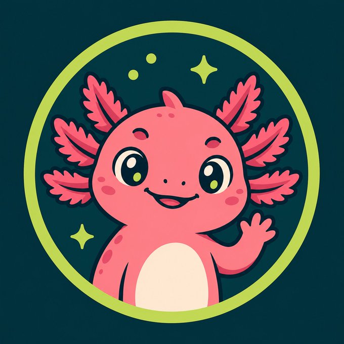 A cartoon illustration of a cute pink axolotl waving, framed within a green circle on a dark teal background decorated with small stars and dots.