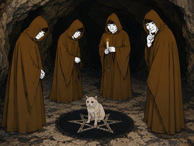 Four hooded figures in brown robes stand in a circle around a white cat seated atop a pentagram within a cave, with one figure holding a lit candle and another making a silencing gesture.