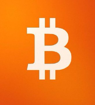 An orange square featuring a stylized white Bitcoin logo (₿).