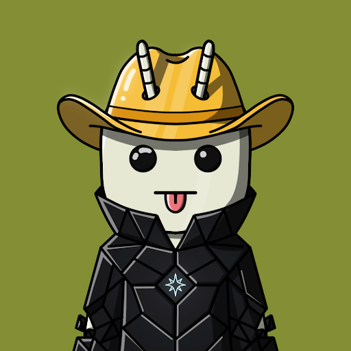 A cartoon illustration of a pill-shaped character wearing a yellow cowboy hat with horns and a black armored outfit with a star emblem.