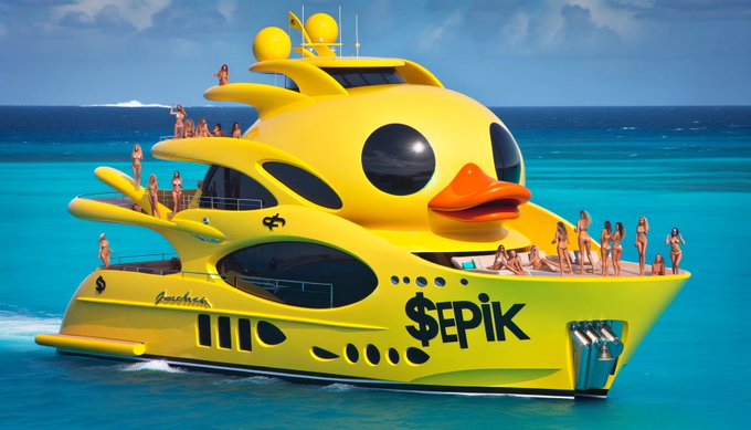 A bright yellow luxury yacht shaped like a giant rubber duck floating on turquoise water, with the name '$EPIK' on its side and people sunbathing on its decks.