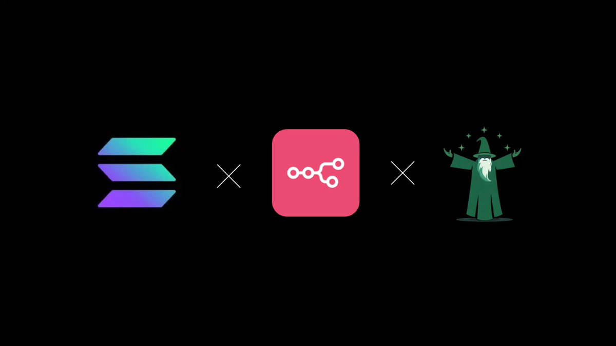 The image features a black background with three different logos, including a purple square logo for "SOLANA", an orange circle logo for "n8n" (an Ethereum wallet address), and a green wizard illustration of a person wearing a long robe and holding a wand. The text in the image reads "Solana + n8n Just published a Solana keychain-based node for n8n". This suggests that there is an update or release of a new feature, such as a new wallet address or a new Ethereum node, related to the Solana platform.