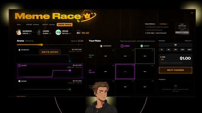 A streamer broadcasts a "Meme Race" betting interface on Manic Trade, showing a 0:54 countdown timer and an Arena chart where users can pick between memecoins MARGZ, HADES, and HEDGE—with HADES currently leading at 66.7%—and place bets of $1.00 or more, while the right panel displays a wager pool of 61 and a winning potential of $1.00 for selecting HADES.