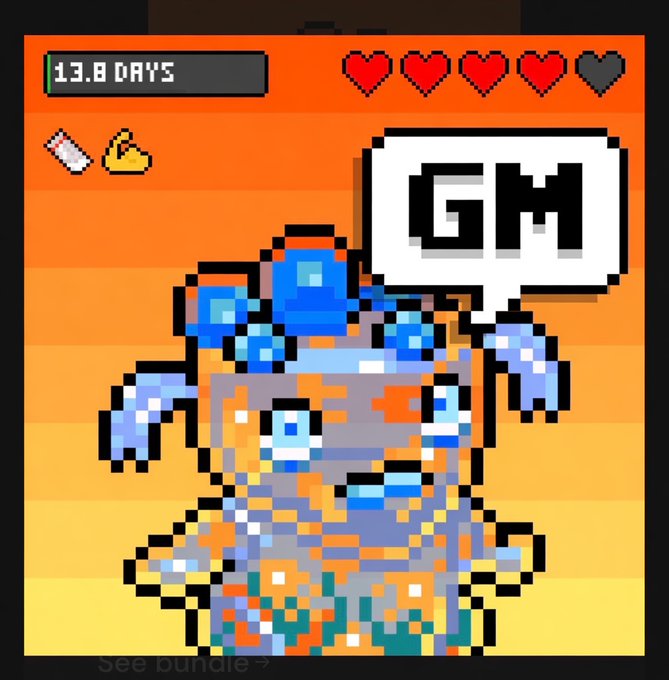 A pixel art NFT image featuring a blue and orange robotic character with a 'GM' speech bubble, displayed with 4 out of 5 hearts, a '13.8 DAYS' timer, and 'See bundle >' text.