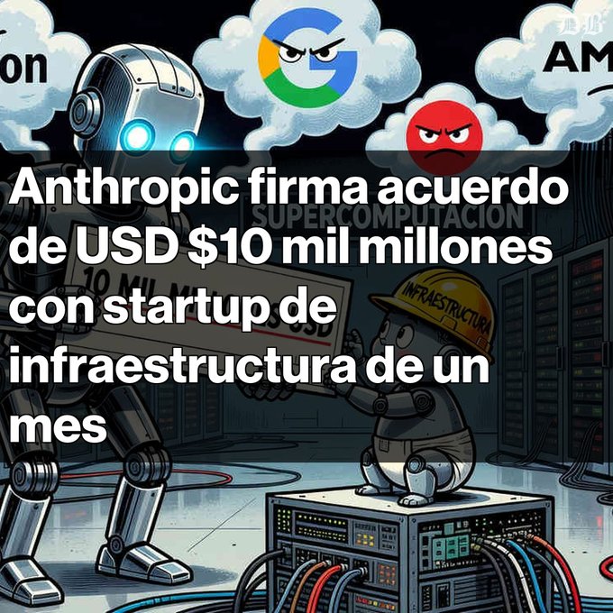 A cartoon image depicting a robot handing a large $10 million check to a small figure in an infrastructure hard hat, with the Google and Amazon logos in the clouds; Spanish text reads 'Anthropic firma acuerdo de USD $10 mil millones con startup de infraestructura de un mes'.