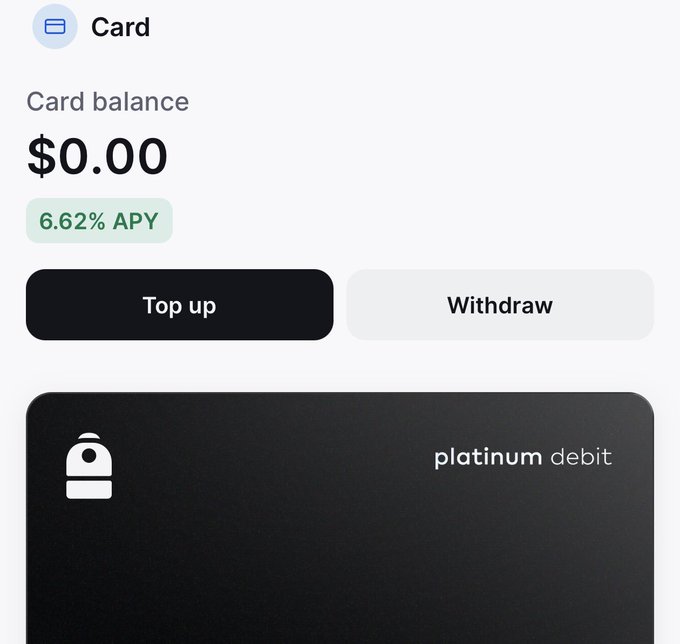 A digital card interface showing a 'platinum debit' card with a balance of $0.00, a 6.62% APY rate, and 'Top up' and 'Withdraw' buttons.