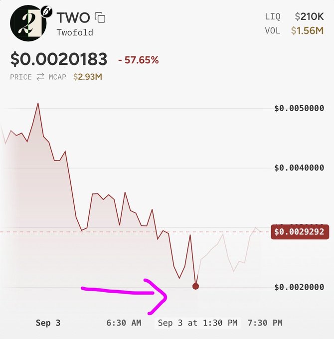 Crypto price chart for the token "TWO" (Twofold) showing a price of $0.0020183, down 57.65%, with a market cap of $2.93M and a hand-drawn magenta arrow pointing to a low around 1:30 PM on Sep 3.