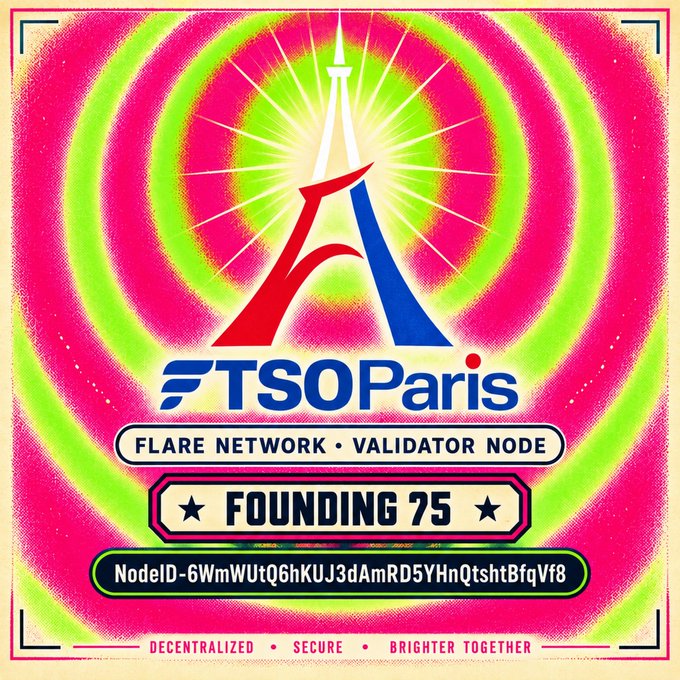 A colorful graphic for 'TSO Paris', a 'FLARE NETWORK • VALIDATOR NODE', labeled 'FOUNDING 75' with a specific NodeID and the tagline 'DECENTRALIZED • SECURE • BRIGHTER TOGETHER'.