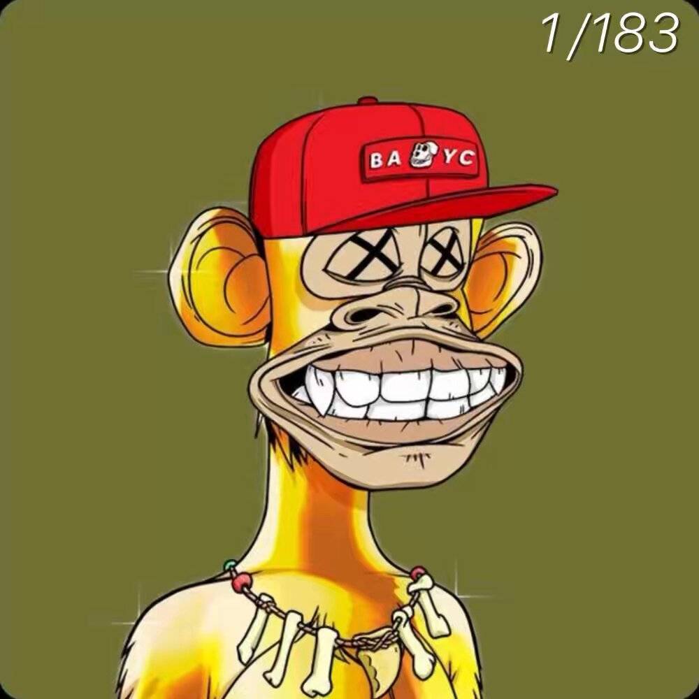 The image features a cartoon monkey wearing a red baseball cap with "BAYC" written on it, as well as a red hat that matches the color of his shirt. The monkey has a big smile on its face and appears to be wearing a necklace. The background is green, which contrasts nicely with the yellowish hue of the monkey's fur. The image also includes text that reads "My BAYC slideshow".