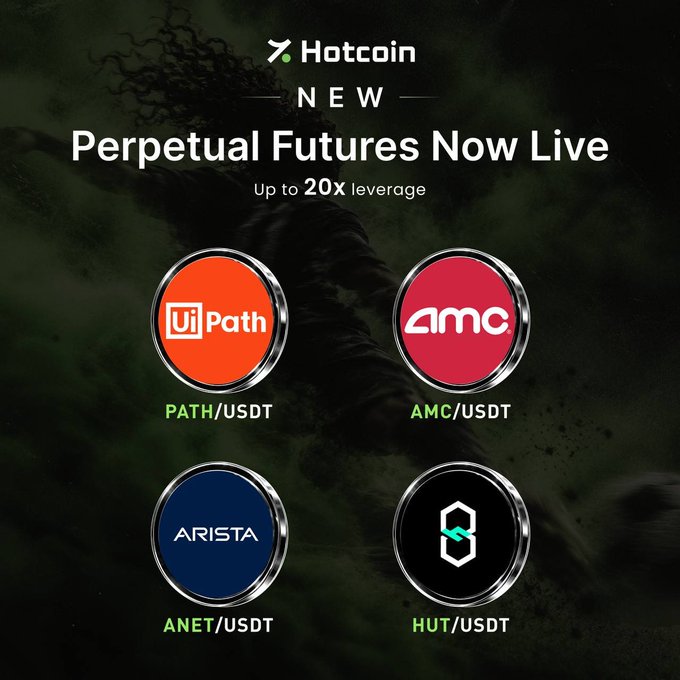 A Hotcoin advertisement announcing "NEW Perpetual Futures Now Live" with up to 20X leverage, showcasing four trading options: PATH/USDT (UiPath), AMC/USDT, ANET/USDT (Arista), and HUT/USDT.