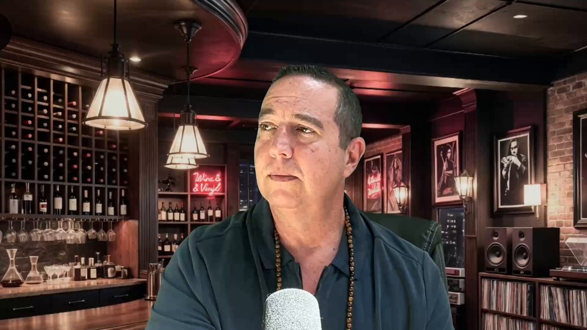 The image features a man wearing a blue shirt, standing at a bar with a microphone in his hand. The background of the image shows a wine cellar filled with bottles, suggesting that this might be an upscale establishment or a restaurant offering both alcoholic beverages and wine tastings.