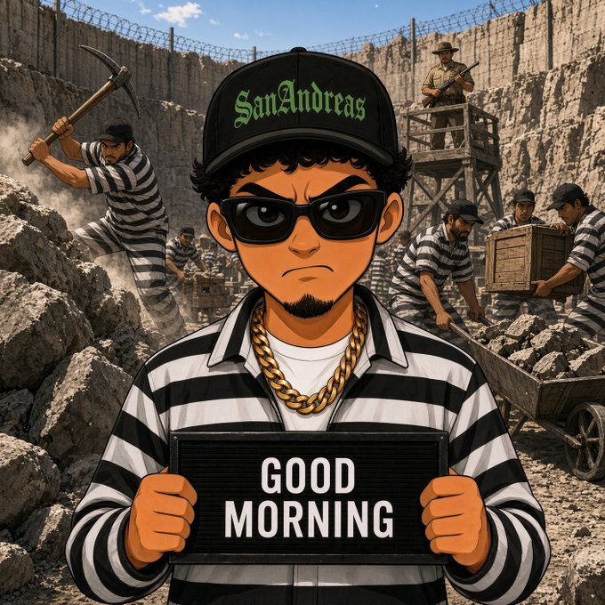 A cartoon-style image of a stern man in a striped prison uniform, sunglasses, gold chain, and 'San Andreas' cap holding a 'GOOD MORNING' sign, with other prisoners working in a quarry behind him.