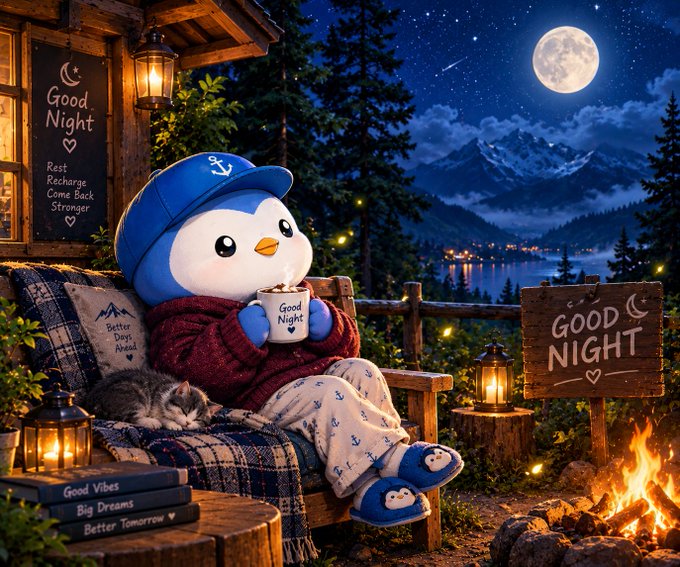 A cozy digital illustration depicts a cute penguin-like character wearing a blue sailor hat and maroon sweater holding a 'Good Night' mug, sitting on a bench by a campfire with a sleeping kitten, surrounded by 'Good Night', 'Better Dreams Ahead', and 'Good Vibes Big Dreams Better Tomorrow' signs.