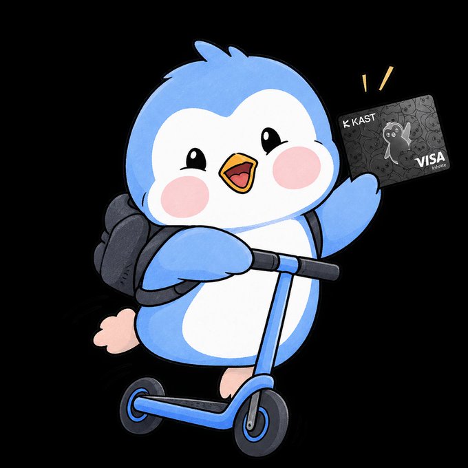 A cartoon illustration of a blue penguin mascot wearing a backpack, riding a blue scooter while holding up a black KAST Visa credit card.